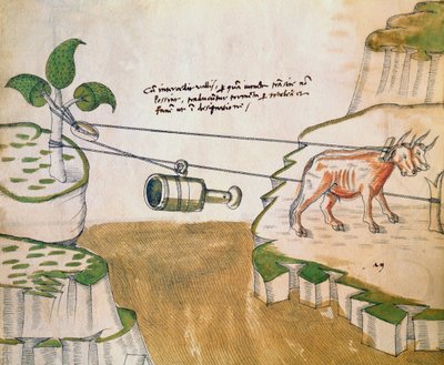 Oxen Drawing a Pulley, Illustration from De Machinis by Mariano di Jacopo 1382 c.1453 after Mariano di Jacopo 1382 c.1453 after